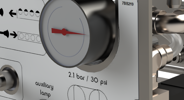 Pressure regulator on front of pneumatic control box to see pressure of pneumatic rollertrack system