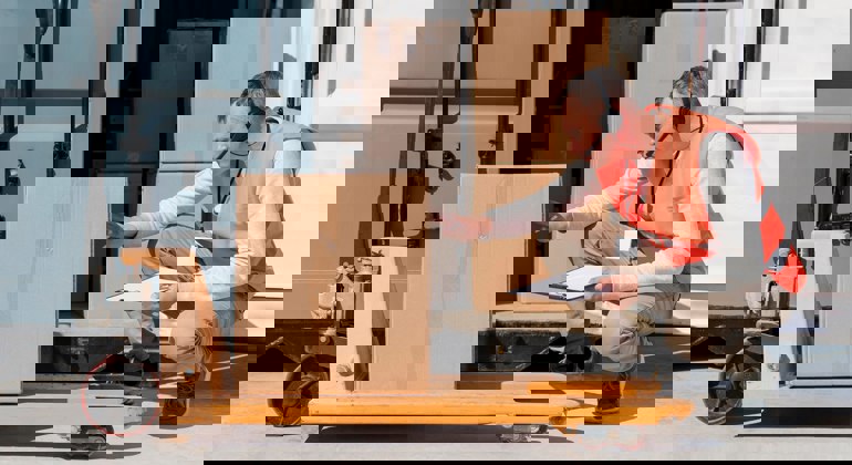 Full Shot Man With Pallet Truck