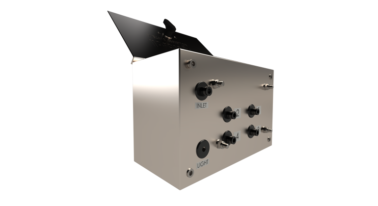 Back of pneumatic control box showing where the airpipes connect which are used for raising and lowering the rollerbed rollers