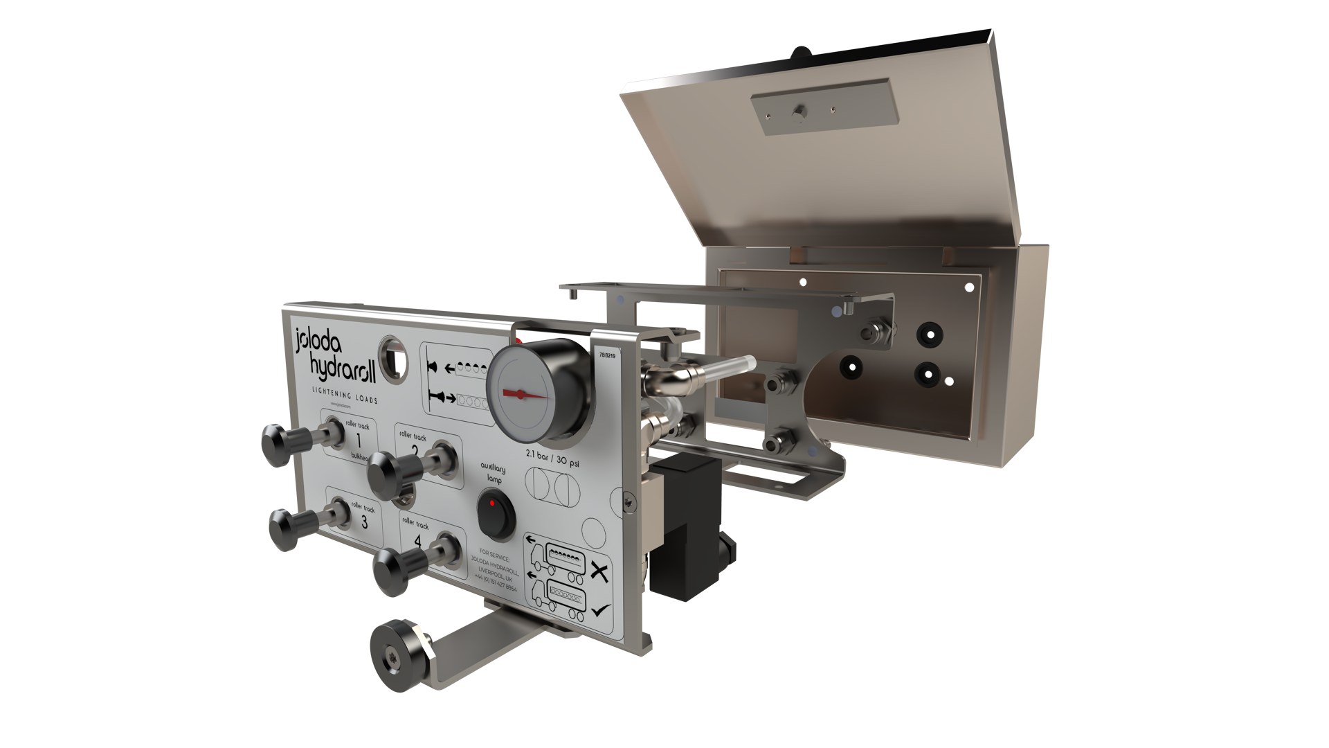 Expanded view of the pneumatic control box used to control built in rollertrack system