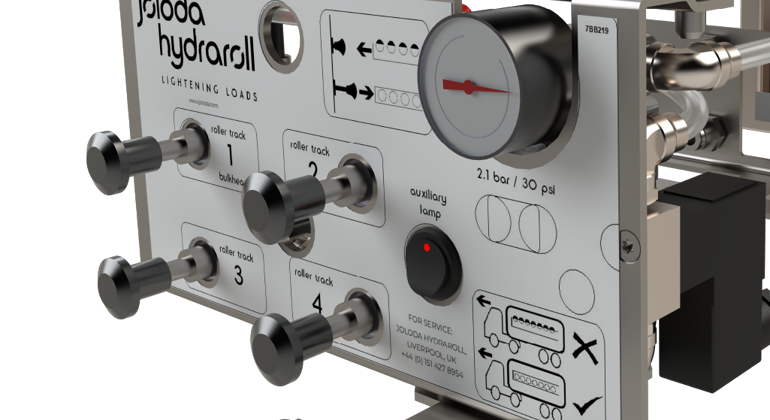 Front panel of the pneumatic control box used for lowering and raising of rollertrack module rollers